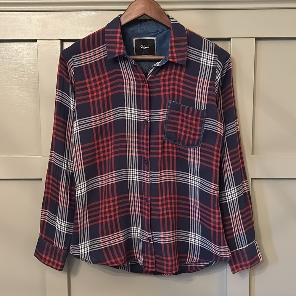 Rails Plaid Long Sleeve Button Down Shirt Navy Red White Cotton Size Small